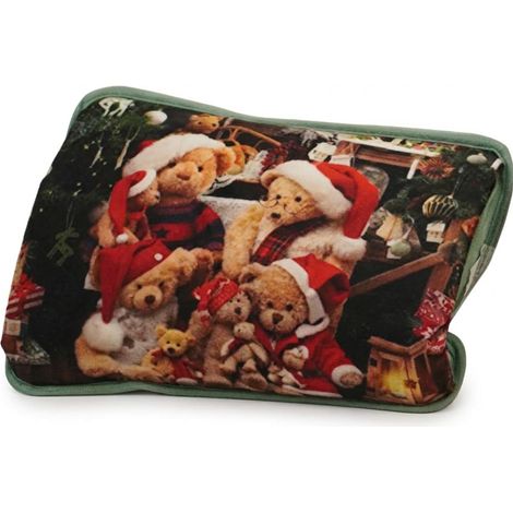 Borsa Acqua Calda 18x26cm Scaldaletto con Morbido Rivestimento Natalizio,Scaldamani Termico per Letto Divano e Benessere, Fantasia Famiglia orsetti natalizi (1/5)