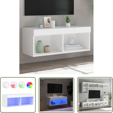 The Living Store TV-Schrank mit LED-Leuchten Weiß 80x30x30 cm - TV Schrank - Holzwerkstoff Möbel - Weißer Fernsehtisch - Regal Mit Beleuchtung - LED Leuchte (1/5)