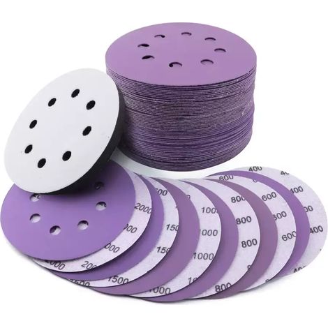 50 PCS disque abrasif, 125mm 8 trous avec velcro pour ponceuse excentrique, pour 10 x P60/80/120/180/240 Grain, Idéal pour Poncer/Polir (1/5)