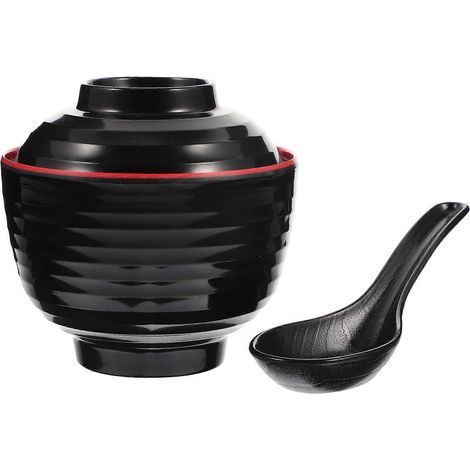 japanische Miso-Suppenschale mit Löffel, japanische Reisschale, Miso-Suppenschale mit Deckel – 10,00 x 10,00 x 9,50 cm – Schwarz (1/4)