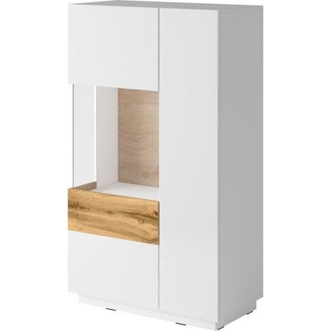 Aparador Livlore 104, Blanco + Blanco brillante + Roble wotan, 139x80cm, Número de puertas: 240cm, Aglomerado laminado, Vidrio (1/4)
