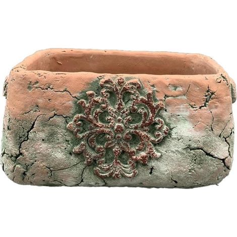 Maceta rectangular rústica de hormigón con adorno para jardín. (1/2)