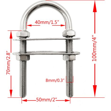 Stainless steel U-bolts M8 M10 M12 with double clasp heads, washers, saddle rings, anti-slip rings, marine rigging nuts - M8100mm - marine bolts (1/4)