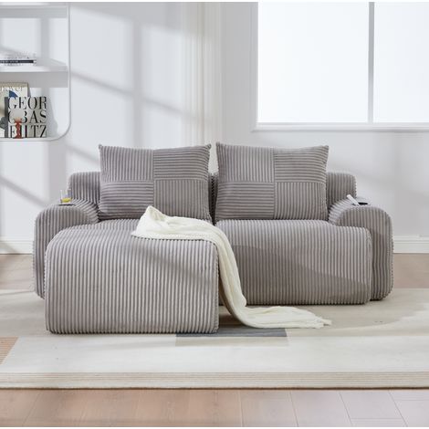Divano modulare 2 posti 200x174x80 cm in tessuto cord grigio con pouf, per soggiorno – MEUBLIV (1/5)