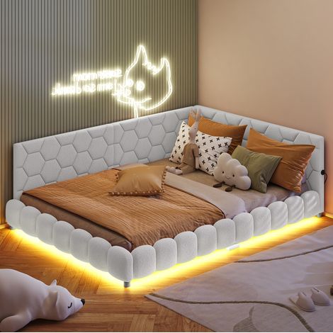 Lit Double,Canapé-lit rembourré, avec Cercle de LED au Pied du lit, avec Charge USB, lit de Jour, Multifonction, avec sommier à Lattes, Laine d'agneau, sans Matelas, Blanc 140 x 200 cm