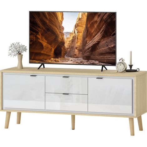 Mobile porta TV, per schermi fino a 55 pollici, 2 ante lucide, 2 cassetti con chiusura ammortizzata, 120 x 35 x 50 cm, bianco