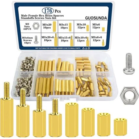 Kit 176 entretoises hexagonales laiton M3 mâles femelles, ensemble colonnes vis écrous dédié aux cartes PCB et cartes mères (1/4)