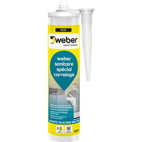 Weber Saint-Gobain Mastic, Silicone, Noir, Salle de Bain, Cuisine, Carrelage, Béton, Bois, Anti-Moisissures, Joint sanitaire étanche, Forte adhérence, weberseal sanitaire, 300ML (1/6)