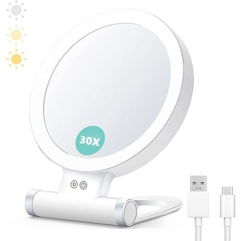Miroir de maquillage à LED grossissant 1x / 30x, pliable et portable, montage mural, adapté pour table, chambre et voyages (1/5)