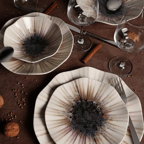 Service de table en porcelaine - 24 pièces - Beige et noir - (1/5)