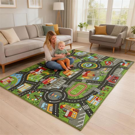 Tappeto gioco per bambini City Road 200x150 cm, antiscivolo, educativo, ideale per gattonare e giocare con le macchinine.