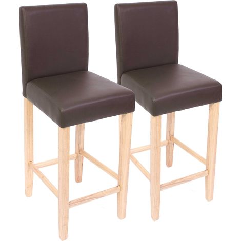 Lot de 2 tabourets de bar avec dossier et repose-pieds assise en cuir véritable marron pieds en bois massif clairs 040011534