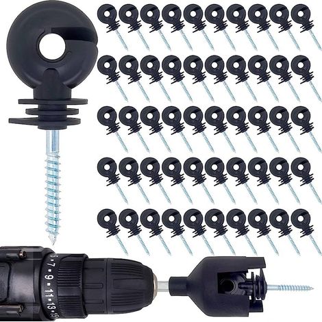 Sollbry 50 aisladores atornillables para cercas eléctricas, postes de madera, protección solar e impermeable, anillos aislantes de 9 x 3,5 x 1 cm. (1/5)