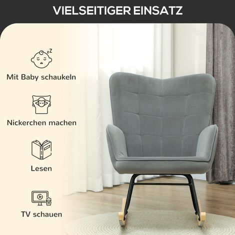Fauteuil à bascule en velours côtelé, avec accoudoirs et patins en bois, relax-sessel gris anthracite pour salon et chambre. (1/5)