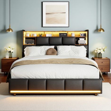 Lit Coffre 140 x 190 cm, Lit 140x190, Lit Double avec LED Réglable et Ports USB, Lit 2 Personnes avec Sommier et Tête de Lit Capitonné, Système de Levier Hydraulique, PU, Noir (1/5)