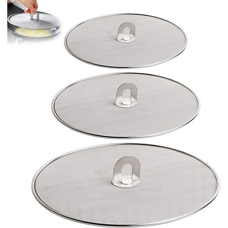 Set di 3 coperchi paraspruzzi per padelle, 33 cm + 29 cm + 25 cm, in acciaio inox, resistenti all'olio, in tessuto a rete in microfibra. (1/5)