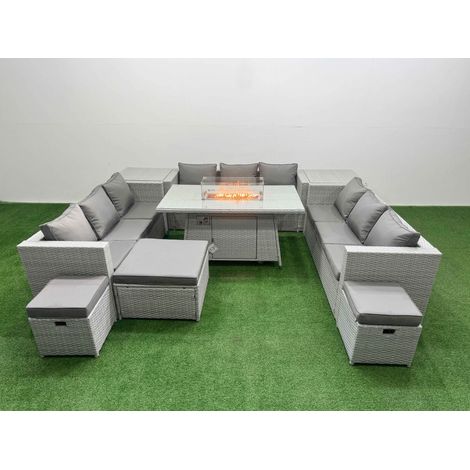 Fimous PE Rattan Lounge Sofa Set Outdoor Garden Furniture Set with Firepit Dining Table 3 Seater Sofa 2 Side Table 3 Stools Light Grey