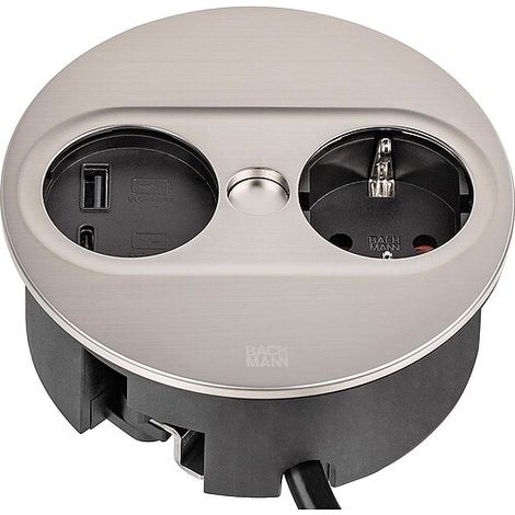Bachmann TWIST 2 Tischsteckdose 1x Schuko, 1x USB-A/-C Charger, Edelstahl, rund - 2 m (1/3)