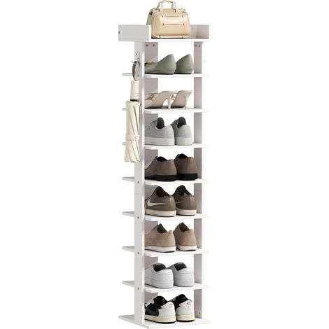 Schuhregal mit 9 Ablagen, Platz für bis zu 9 Paar Schuhe, mit oberer Ablage, 2 Haken, 30 x 30 x 128,4 cm, weiß (1/5)