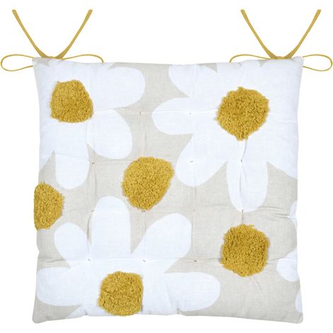 Galette de chaise en polycoton capitonnée à motif marguerites Jaune moutarde 38x38 cm (1/3)