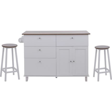 Îlot de cuisine avec 2 tabourets meuble de rangement avec 4 tiroirs et 2 portes 90x131x47 cm blanc et bois foncé 040008789 (1/5)