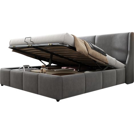 Letto Contenitore 180×200 cm, Letto Matrimoniale con Vano, senza Materasso, in Velluto, Grigio (1/5)