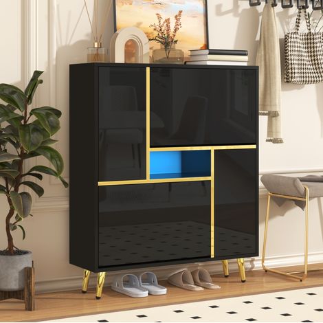 Scarpiera in truciolare nera 80 x 25 x 96 cm, 2 ante, ripiani regolabili, frontale lucido con LED 16 colori (1/5)