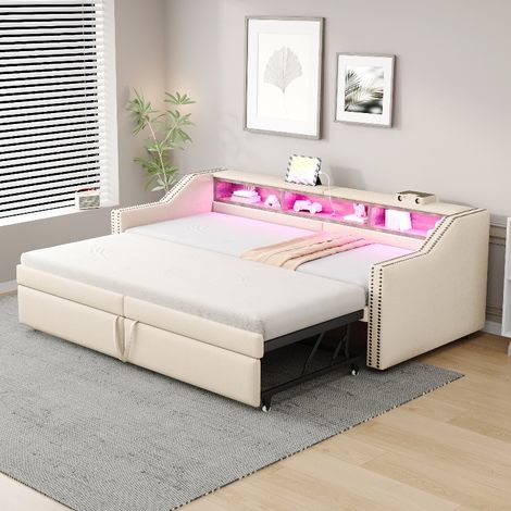 Ausziehbares Polsterbett mit Stauraum, LED-Beleuchtung und USB-Anschluss, Schlafsofa 90x200 bis 180x200 cm, Gästebett aus Leinenstoff, Beige (1/5)