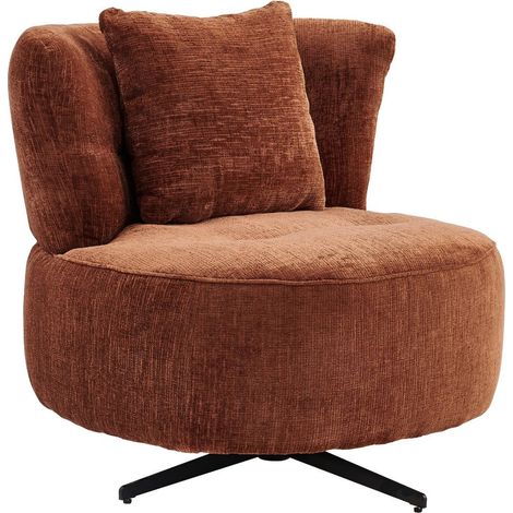 Fauteuil lounge pivotant en tissu chenillé terracotta piètement métal noir avec coussin dorsal - MIRAGE