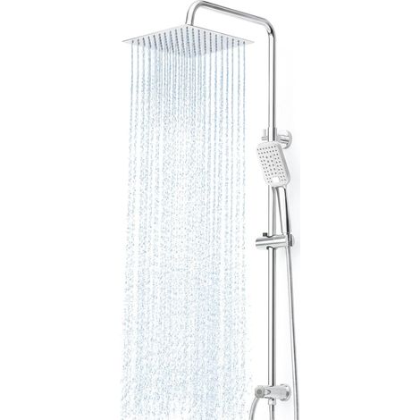 Ensemble de Douche, Colonne de Douche sans Mitigeur, 30x30cm Pommeau de Douche Pluie en Acier inoxydable, Avec Flexible Douche 1,6m et Barre de Douche Réglable en Hauteur, Chrome (1/5)