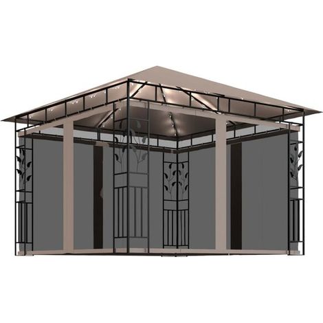 Tonnelle avec moustiquaire et lumières LED 3 x 3 x 2,73 m taupe - Kiosque jardin terrasse extérieur ombrage décoration (1/5)