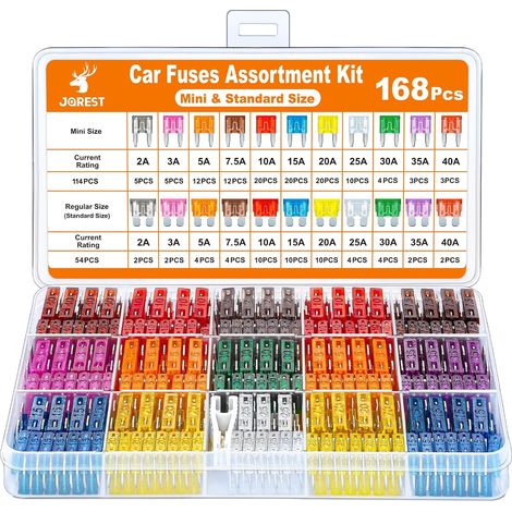 Juego de 168 fusibles para coche, 114 fusibles mini + 54 fusibles medianos + 1 extractor de fusibles - para coche/autocaravana/camión/moto (2A 3A 5A 7.5A 10A 15A 20A 25A 30A 35A 40A)