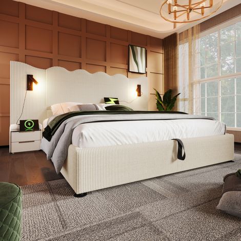 Letto matrimoniale 180x200 cm beige-bianco in velluto a coste con contenitore, lampade e porte USB-C (1/5)