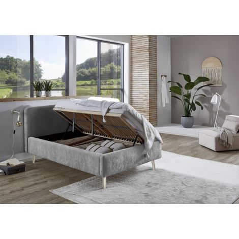 Meise Möbel Stauraumbett Mattis 140x200 cm Doppelbett Bettkasten & Lattenrost (Federholzrahmen) Strukturstoff Grau Holzfuß sandfarbig (1/5)