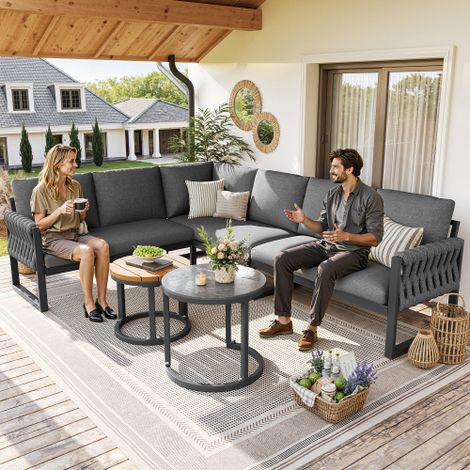 Conjunto de muebles de jardín con patas ajustables, repelentes al agua y cojines extraíbles, conjunto de salón de jardín para 5-6 personas, modular para balcón, jardín o terraza, incluye todos los coj (1/5)