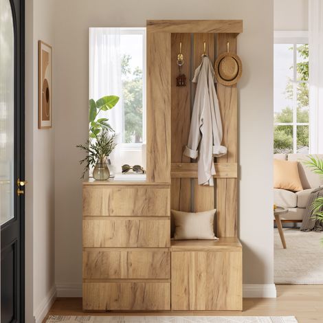 Vestiaire d'entrée 100x35x180 cm avec miroir, 4 tiroirs, porte, crochets et rangement, meuble de couloir design bois naturel