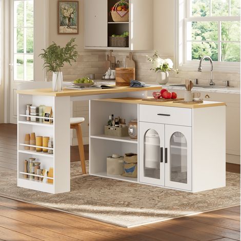 Isola da cucina girevole a 360°, 136 x 50 x 78 cm, bianca, con cassetto e ripiani DESVIAE (1/5)