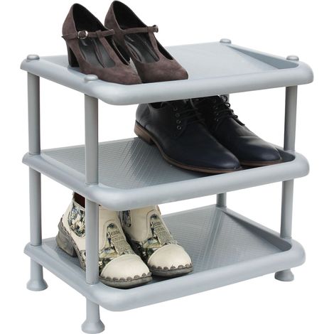 DanDiBo Schuhregal Kunststoff 93900 Stapelbar Schuhablage Offen Schuhständer mit 3 Ebenen Grau Schuhschrank