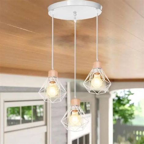U-Do 3 Têtes Vintage Suspension Luminaire en Bois Lustre Ajustable Industriel en Métal Blanc Lampe Disque pour Salon (1/4)