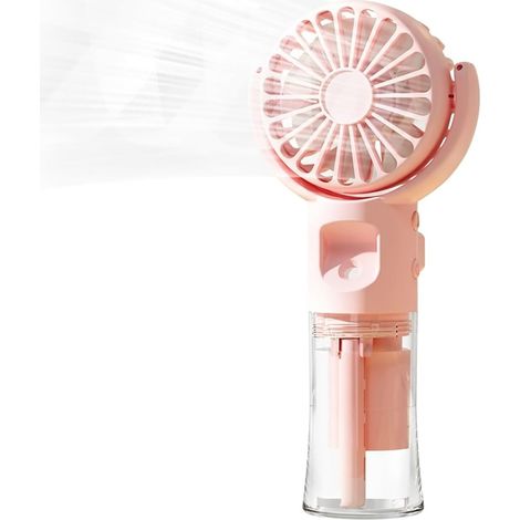 Mini ventilador de vapor recargable, 3 velocidades, silencioso, portátil, para oficina o exteriores, rosa, compacto y refrescante. (1/4)