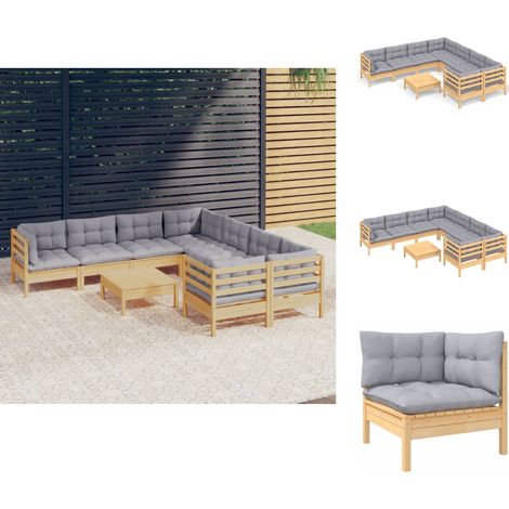 Gartenmöbel-Sets - Living 9-tlg. Garten-Lounge-Set mit Grauen Kissen Kiefernholz (1/5)
