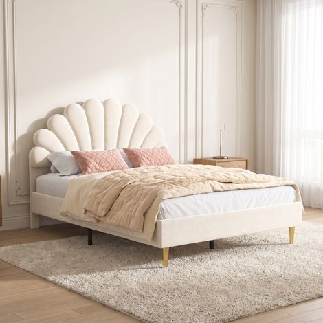 Lit double 140x200 cm avec sommier à lattes - tête de lit design pétale de fleur - structure rembourrée en velours style scandinave pour adulte et enfant - beige (1/5)