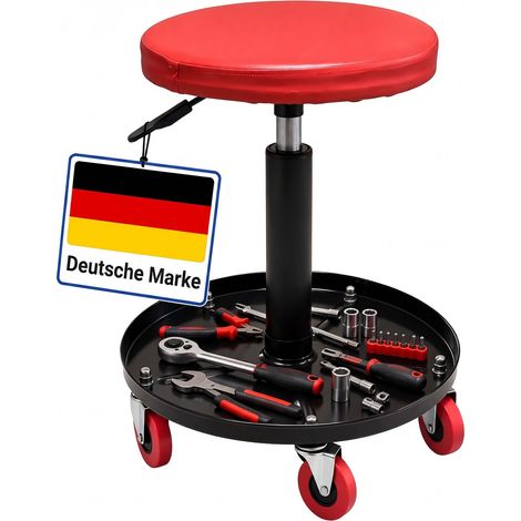 Relaxdays Werkstatthocker, Rollen, höhenverstellbar, Montagehocker, Ablage, 5 Rollen, HxD: 42-56x38 cm, Metall, rot (1/5)