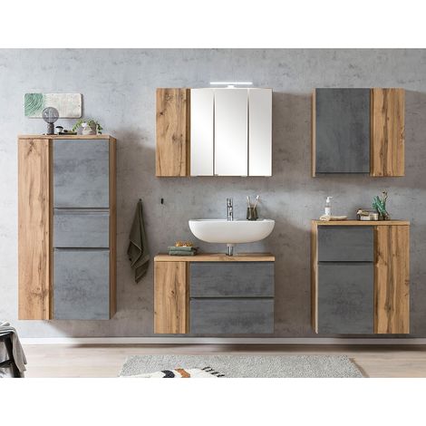 Badmöbel Set mit Midischrank, stehend oder hängend, in Wotan Eiche Nb. mit Beton Optik, VASTO-03-CONCRETE, B/H/T ca. 245/200/35 cm (1/5)