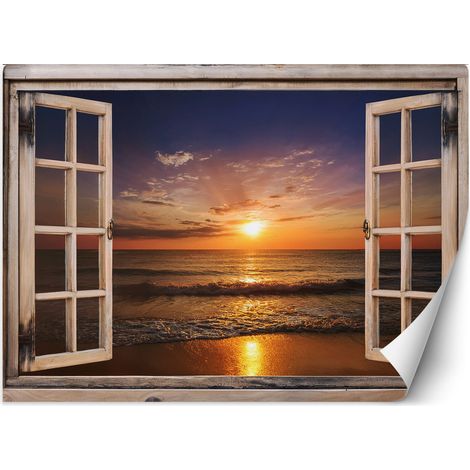 Fototapete Fensterblick Meer Strand Sonnenuntergang 350x245 cm (1/5)