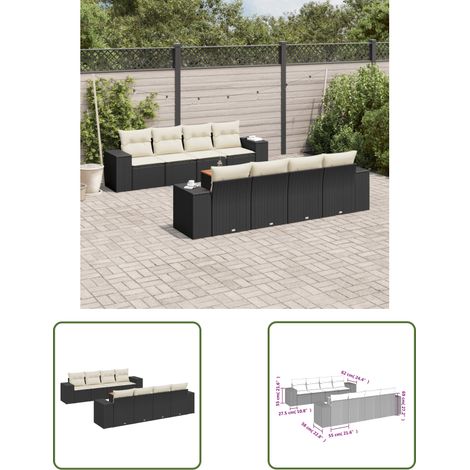 The Living Store Salon de jardin 9 pcs avec coussins noir résine tressée - Ensemble Salon De Jardin - Meuble Extérieur - Résine Tressée - Rotin Synthétique - Fauteuil Jardin (1/3)