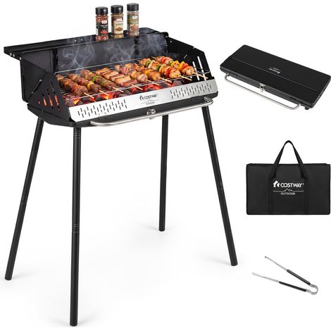 Barbecue Portable au Charbon de Bois, Barbecue Pliable Extérieur Réglable en Hauteur, Cuisson Réglable à 2 Niveaux, Grande Surface en Acier Inoxydable (1/5)