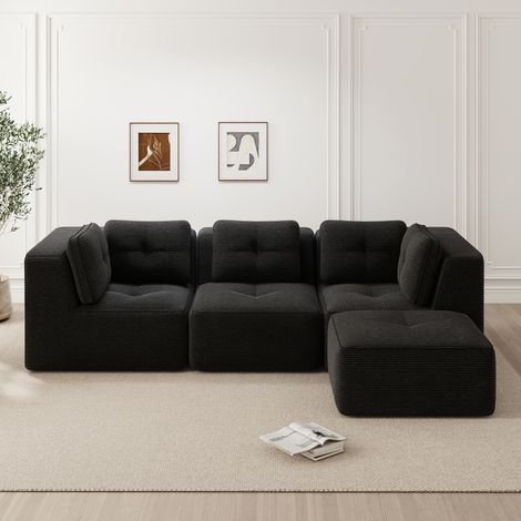 Modulares Ecksofa 297 x 177 x 69 cm aus schwarzem Cordstoff mit Ottomane – MEUBLIV (1/5)