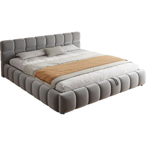 Letto imbottito matrimoniale 180x200 cm in velluto grigio con testiera morbida, contenitore idraulico, LED integrato e struttura stabile per camera elegante - CHICFURN (1/5)