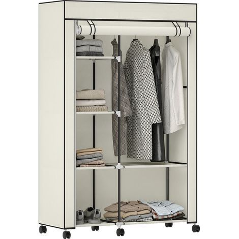 Armadio in tessuto, mobile contenitore con 6 ruote, asta appendiabiti e ripiani a giorno, 103x43x162,5 cm, crema. (1/5)